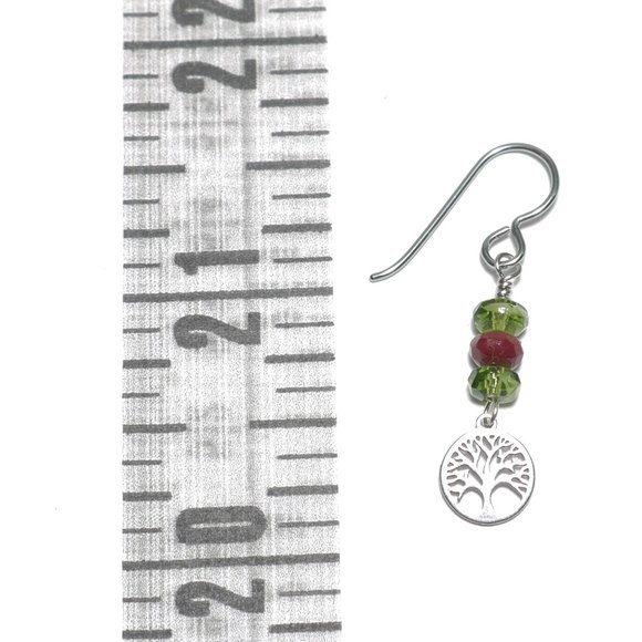 Hand Crafted Handmade Earrings Tree of Life with Red Green Czech Glass B… - Picture 4 of 5